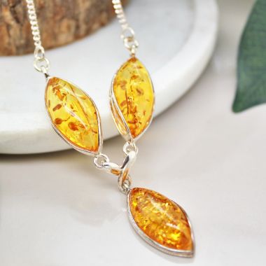 925 Sterling Silver and Amber Cognac 3 Way Drop Necklace