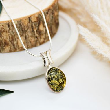 925 Sterling Silver with Green Amber Fancy Drop Necklace