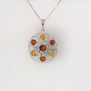 Multi-Coloured Amber And Silver Circle Flower Pendant