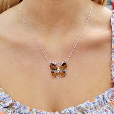 Sterling Silver and Multi Coloured Amber Beautiful Butterfly Necklace