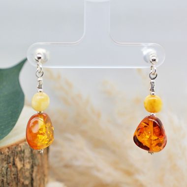 Sterling Silver Two Coloured Tone Amber Cognac Drop Earrings