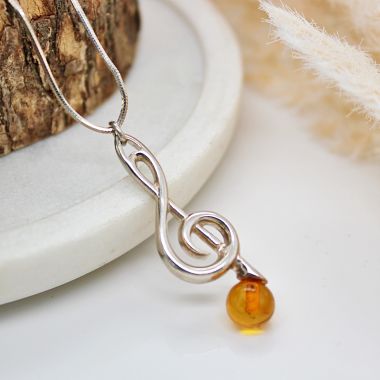 925 Sterling Silver Amber Cognac Treble Clef Necklace